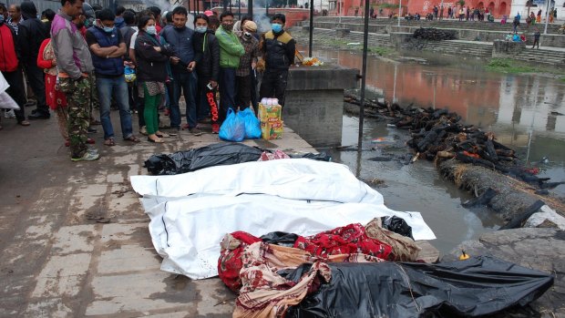 Victims of the Nepal earthquake lined up awaiting cremation.