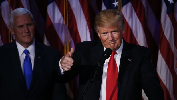 Donald Trump gestures while speaking during an election night party at the Hilton Midtown hotel in New York.