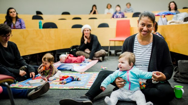 ANU staff held a seminar in August 2016 for mums working at the university and their bubs about cultural and structural support for breastfeeding while at work. Associate Professor Katerina Teaiwa of ANU, with her daughter Kiera Teaiwa Mortimer.