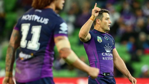 Calming presence: Cooper Cronk celebrates after his field goal late in the game.