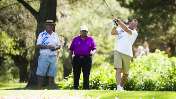 Ricky Stuart tees off at the Ricky Stuart Foundation Golf Day at Royal Canberra Golf Club.