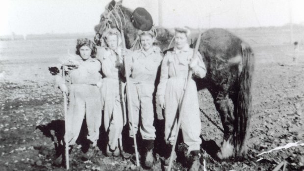 Peggy Williams (second from right), Land Army girl in WWII.