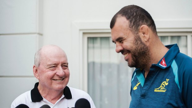 Salary swap?: Coaches Michael Cheika and Alan Jones were in a jovial mood ahead of the Barbarians' clash with the Wallabies.