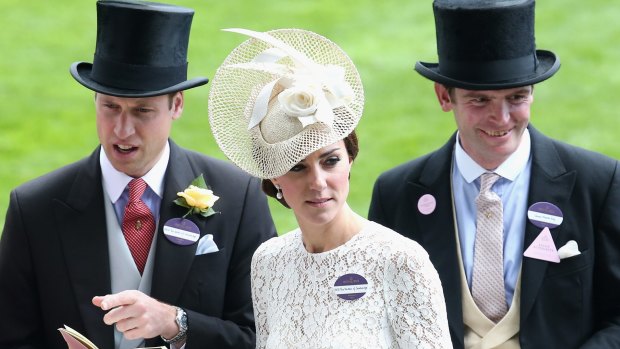 Prince William and Catherine, Duchess of Cambridge, along with James Meade, all sporting their name tags at Royal Ascot.