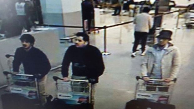 Three men who are suspected of taking part in the attacks at Belgium's Zaventem Airport. The man at centre has been the identified as Ibrahim El Bakraoui.