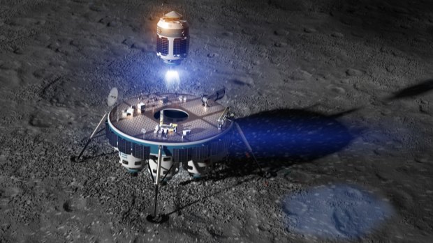 An artist's rendering of the Moon Express MX-9 return vehicle lifting off from the surface of the moon with rock and soil samples. 