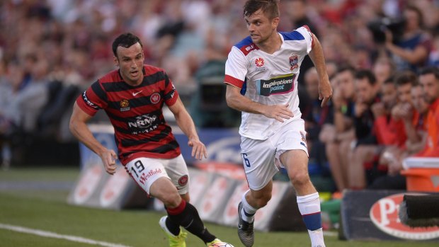Former life: Cameron Watson during his one-year deal with Newcastle Jets. He is now playing for Indian champions Bengaluru FC.