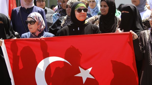 Supporters of President Recep Tayyip Erdogan in the southern port city of Sidon, Lebanon on Saturday.