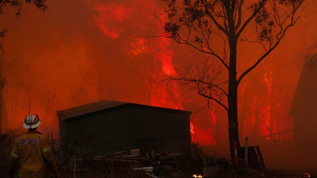 NSW RFS crews struggle to save a home near Dargan on the Bells Line of Road during the Blue Mountains bush fires in 2013.
