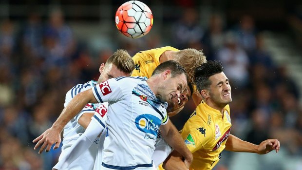 Geelong game: Leigh Broxham of Melbourne Victory heads the ball during a match against Central Coast Mariners at Simonds Stadium in 2016.