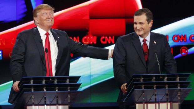 Best of friends: Donald Trump, left, jokes with Ted Cruz, his nearest rival for the nomination.