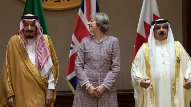 British Prime Minister Theresa May is flanked by King Salman of Saudi Arabia (left) and King Hamad of Bahrain during her visit to Bahrain earlier this month.
