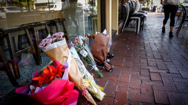 Flowers outside Gelobar in Brunswick East after its owner, Joseph Aquaro, was  gunned down. 