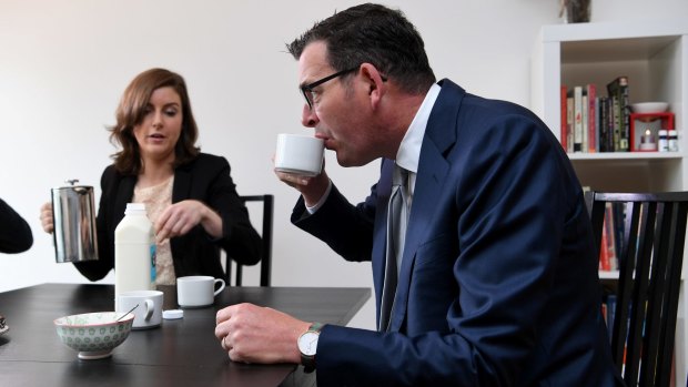 Premier Daniel Andrews enjoys a cup of coffee in Claire Burns' rented home on Wednesday.