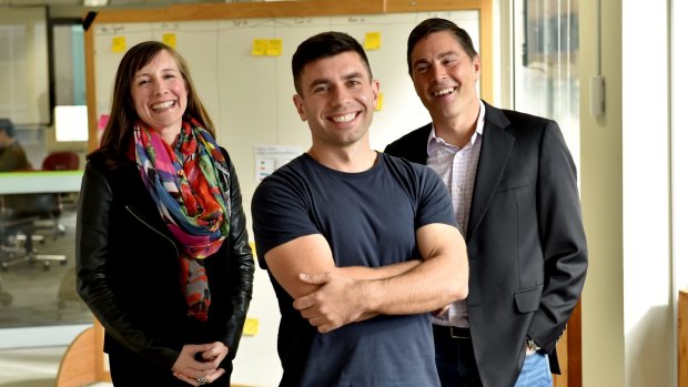 Westpac and NAB venture capital funds have invested in Basiq, a start-up that has created computer software to connect banks and fintechs. Pictured are Westpac's Kara Frederick, Basiq founder Damir Cuca and NAB's Todd Forest.