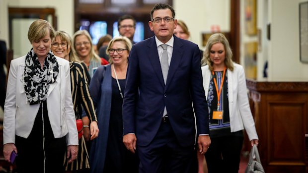 Fiona Richardson, Rosie Batty and Daniel Andrews at the release of the findings of the royal commission into family violence.