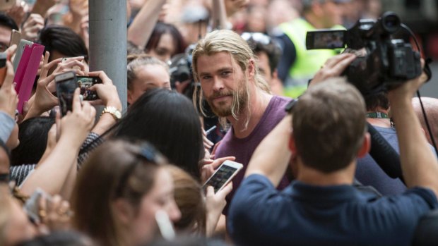 Sugar hit: Chris Hemsworth meets fans while filming Thor in Brisbane in August 2016.