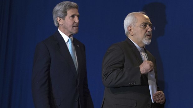 US Secretary of State John Kerry and Iranian Foreign Minister Mohammad Javad Zarif in Lausanne on April 2.