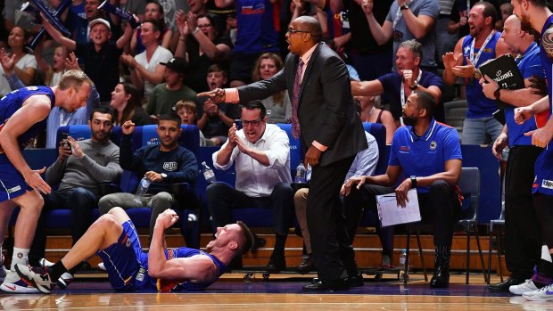 Clutch decision: Mitch Creek of the 36ers and coach Joey Wright react after receiving a foul in the final seconds.