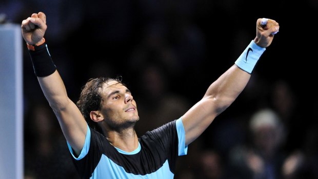 Rafael Nadal celebrates victory during the sixth day of the Swiss Indoors ATP 500 tennis tournament against Richard Gasquet of France in Basel, Switzerland.  