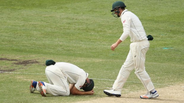 Painful blow: Hilton Cartwright of Australia lies on the ground after being struck in the groin.