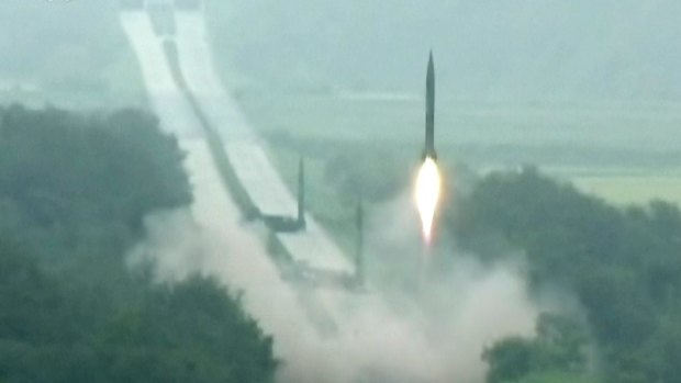 A missile is launched during a drill at an undisclosed location in North Korea. 