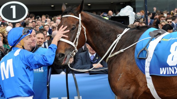 Jockey Hugh Bowman after riding Winx to a dominant victory in the Cox Plate
