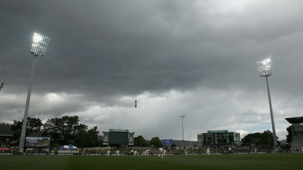 Stormy times: the West Indies batting against Australia on day two of the Hobart Test on Friday.