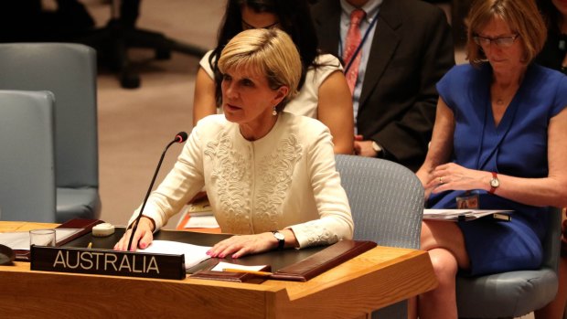 Foreign Minister Julie Bishop delivers a statement at the UN Security Council. A vote for a resolution on the downing of MH17 was vetoed by Russia. 38 Australian citizens and residents were on the plane.