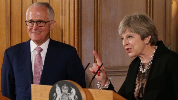 Malcolm Turnbull with Theresa May at a Downing Street press conference.