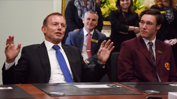 Former prime minister Tony Abbott answers questions from Mandurah Catholic College students. 