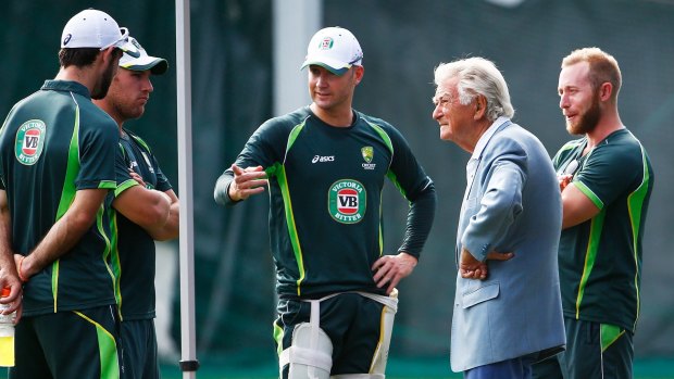 Words of wisdom: former Prime Minister Bob Hawke talks to Michael Clarke and other members of the Australian team on Monday.