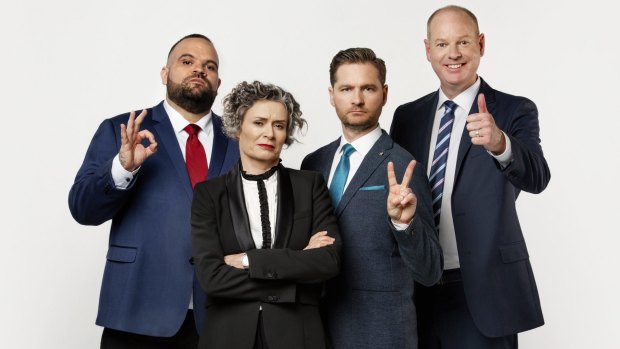 Lucy with her cast mates on The Weekly with Charlie Pickering (from left) Adam Briggs, Charlie Pickering and Tom Gleeson.