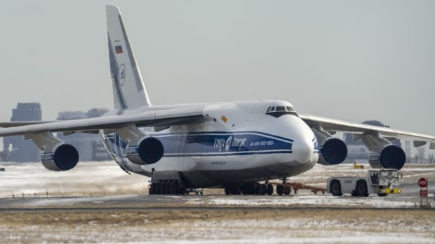 The Russian-registered Antonov AN-124 is towed at Pearson Airport in Toronto in February this year.
