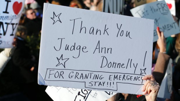 A sign acknowledging Judge Ann Donnelly, who granted a stay on Donald Trump's order blocking immigrants trying to reach the United States.
