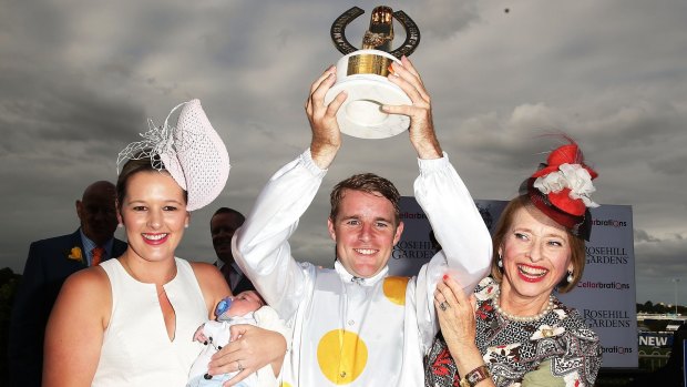 Tommy Berry with wife Sharnee and Gai Waterhouse after winning the Golden Slipper in 2015.