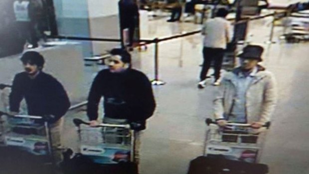 Three men blamed for the attacks at Belgium's Zaventem Airport. The man on the right did not detonate his explosives.