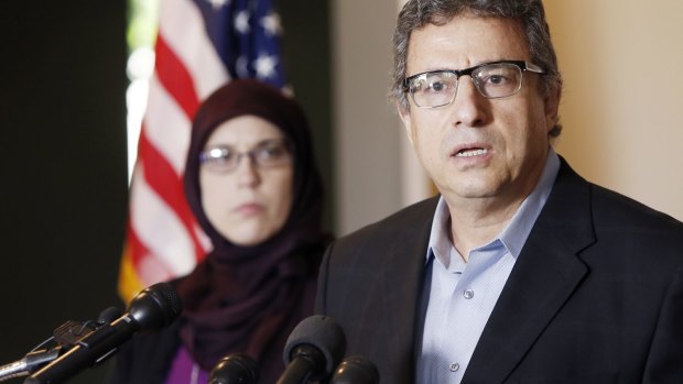 Muslim community leader Khalid Hamideh, right, and Ali Salem, Executive Director of Council on American-Islamic Relations, hold a news conference condemning the two gunmen who attempted to attack a contest for Muslim Prophet Muhammad cartoons.