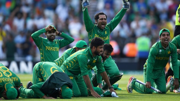 Prayers answered: Pakistan celebrate with a prayer after claiming the 2017 Champions Trophy against India.