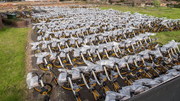 Thousands of oBikes sit in an empty lot in Nunawading.