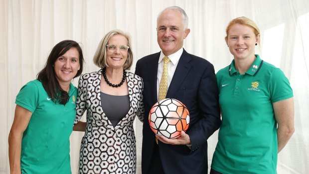 Prime Minister Malcolm Tunbull and his wife Lucy with Matildas co-captains Lisa De Vanna and Clare Polkinghorne.