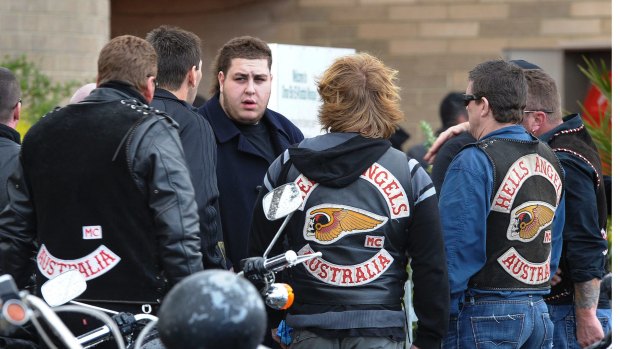 Omar Chaouk with Hells Angels at the funeral of his father, Macchour Chaouk, in 2010.
