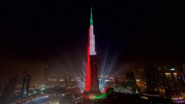 The world's tallest man-made structure, the Burj Khalifa in Dubai, sports the colours of the UAE flag.