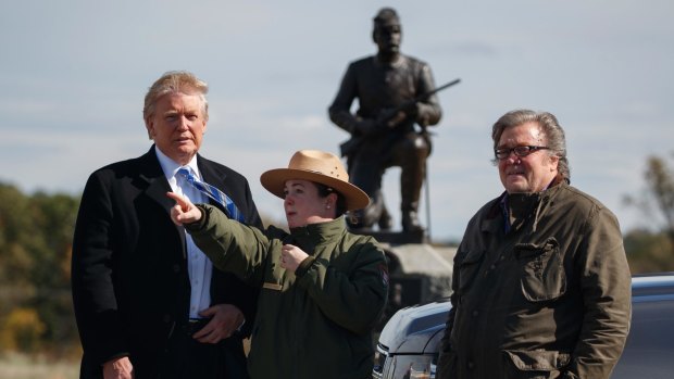 Donald Trump, left, and his now Chief Strategist Steve Bannon, right, visit Gettysburg National Military Park in October. 