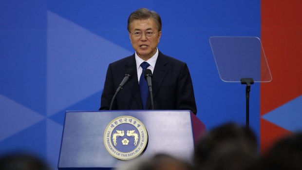 South Korea's new President Moon Jae-In speaks during his presidential inauguration ceremony on Wednesday.