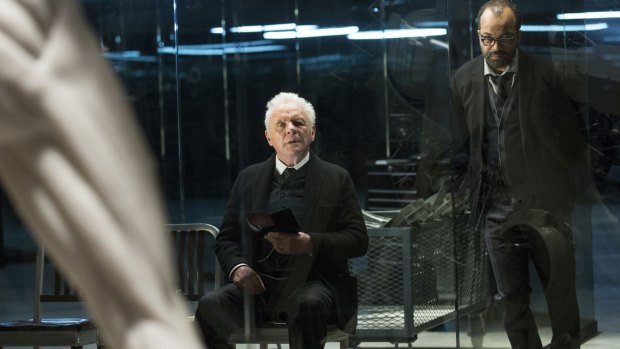 Anthony Hopkins, left, and Jeffrey Wright in a scene from <i>Westworld</i>.