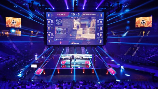 eSports is sometimes played in stadiums. Here, teams compete against each other playing 'Counter-Strike: Global Offensive'.