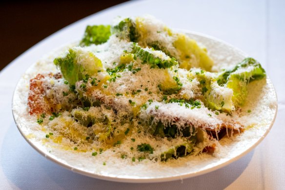 Caesar salad is tossed and dressed tableside, just as it was designed to be.