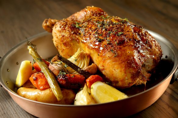 Burnished bird: rotisserie chicken with gravy and vegetables.