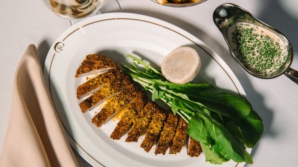 Viennese schnitzel, with smoked salmon roe and tarragon.